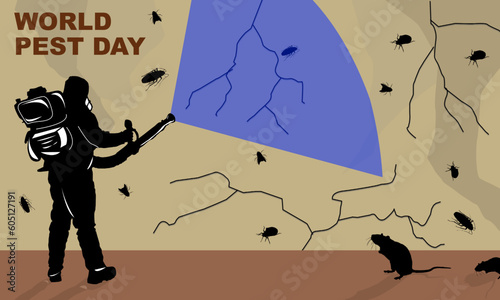 a fully equipped pest worker exterminating or spraying pests (rats, cockroaches, bedbugs) in a dirty room and bold text commemorating World Pest Day on June 6