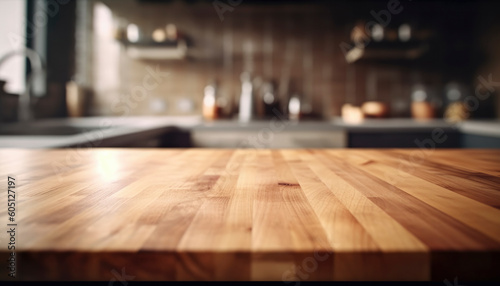 Beautiful empty brown wooden table top and blurred defocused modern kitchen interior background with day light flare, product montage display © BrightSpace