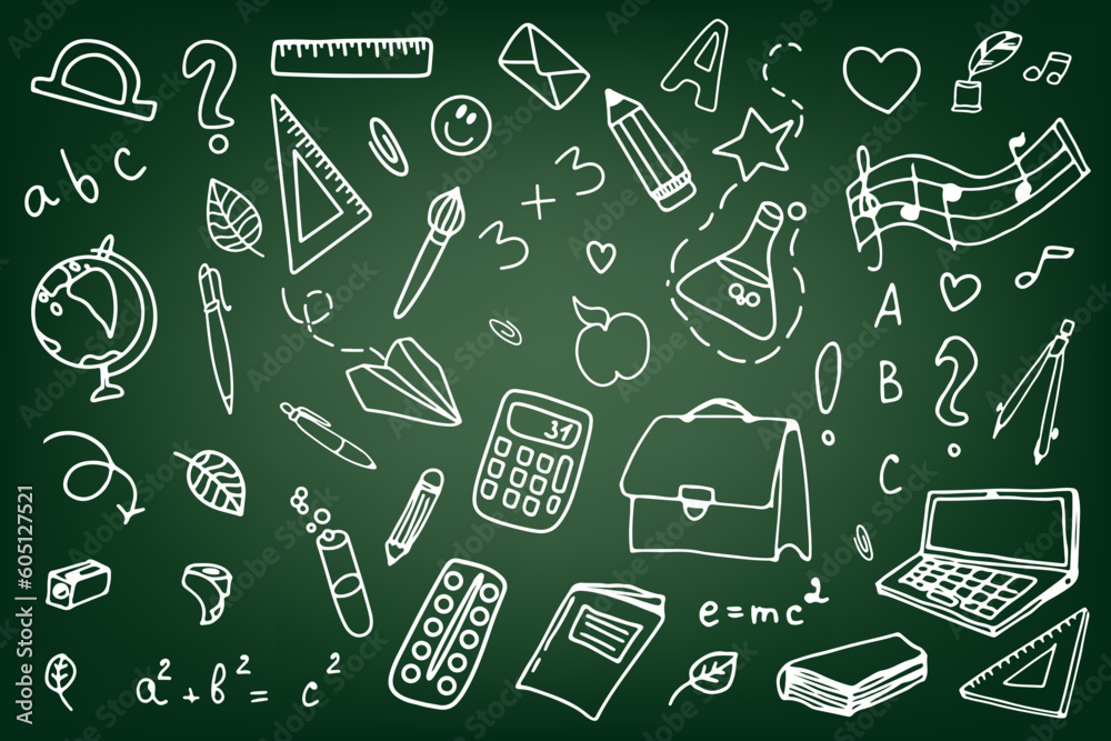 Background of school icons in doodle style. School education. Back to school doodle drawing. Background of school icons in doodle style. School education. Back to school doodle drawing.