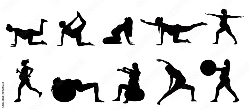 Vector set silhouette of pregnant women. Pregnancy yoga poses silhouette isolated vector design