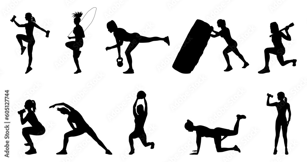 Set collection of various woman sports exercising silhouettes isolated vector design