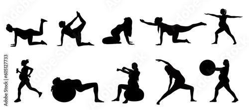 Vector set silhouette of pregnant women. Pregnancy yoga poses silhouette isolated vector design