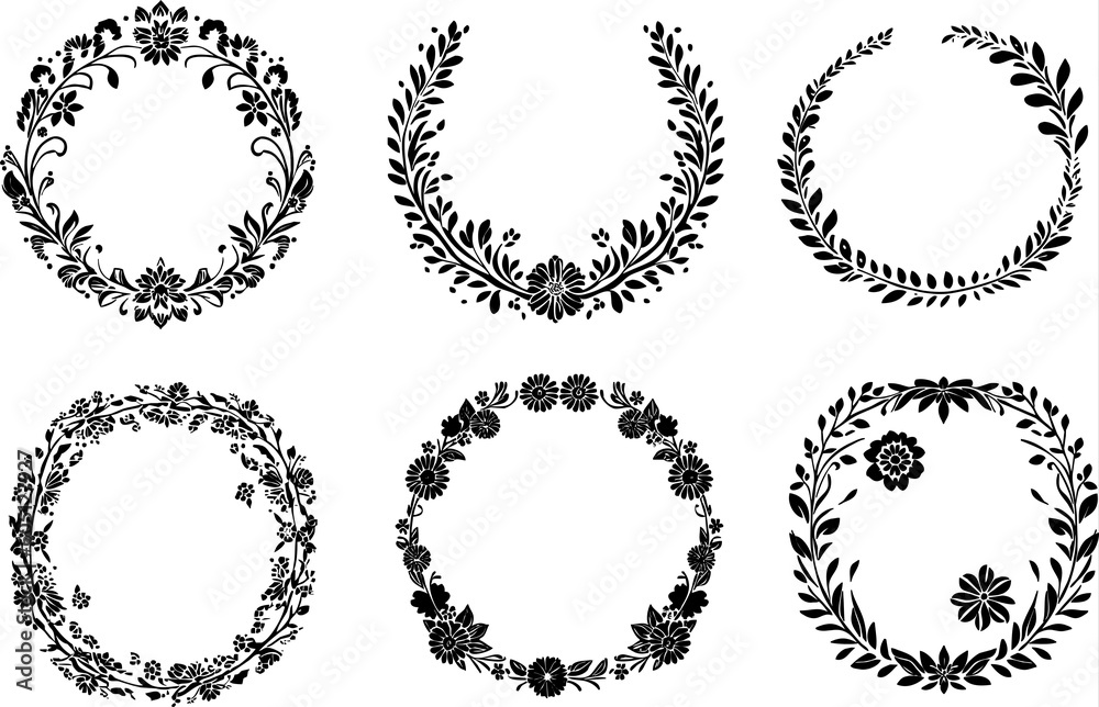 Obraz premium Round Leaves Border Vector Set