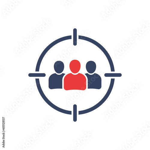 Target with audience icon. Headhunting symbol. Aim people concept. Market segment vector illustration. Client targeting sign.
