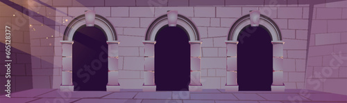 Ancient castle wall with doorways. Vector cartoon illustration of stone dungeon with spooky dark doors, medieval underground prison, royal palace basement, haunted fortress corridor. Game background