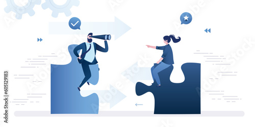 Business people ride puzzle pieces to meet each other. Concept of successful negotiations, collaboration, corporate relations. Business vision