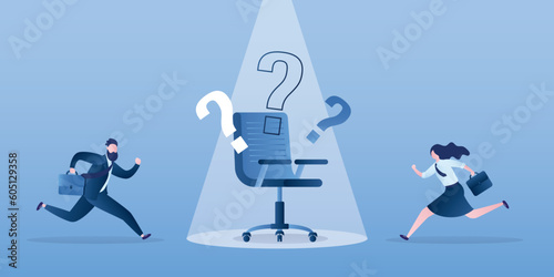 Recruitment, hiring, new vacancy. Job application questions. Post resumes. Job seekers run to the business chair for work interview. Office chair and questions in spotlight.