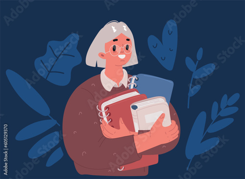 Cartoon vector illustration of Woman holding books. Girl enjoying literature, story. Studying, learning, self education, bookworm concept. International literacy day, book fair or festival.