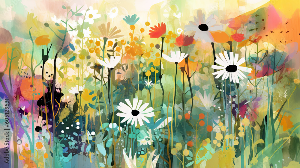 Colorful flower illustration, Abstract meadow - Generative AI - AI generated