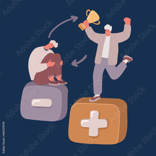Cartoon vector illustration of Bipolar disorde. Man suffers from mood swings, split mania and depression period. Manic depression, Mental illness, mood and emotional disorder for homepage.