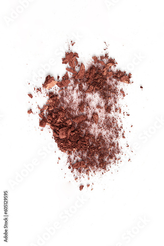 Top view of crush red pink coral eyeshadow or blush on white isolated background.Nude natural color cosmetic smear