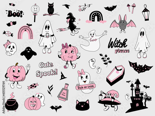 Pink Halloween Set, Groovy Halloween bundle, White sheet ghost mascot, Pink pumpkin in retro style