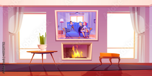 Living room with fireplace and family portrait on wall. Vector cartoon illustration of light home interior with large windows, vintage wooden table and chair, photo of happy parents and kids smiling