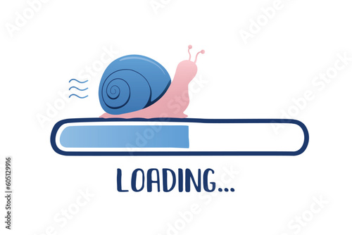 Snail crawling on progress loading bar. Slow internet concept. Design isolated on white background. No signal, bad connection.
