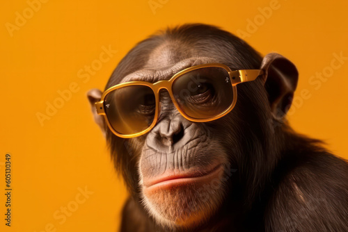 This monkey in glasses and a polka dot tie is sure to make you smile. A playful and amusing portrait with a quirky touch. AI Generative.