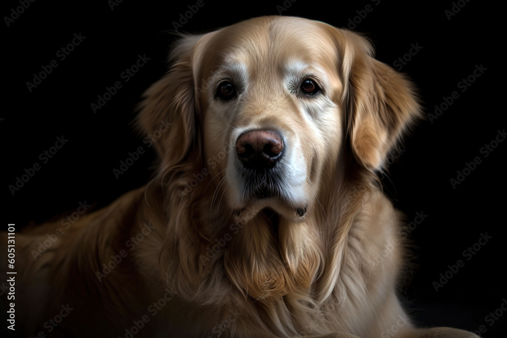 image of cute golden retriever dog on black background. Pet. Animals. illustration, generative AI.