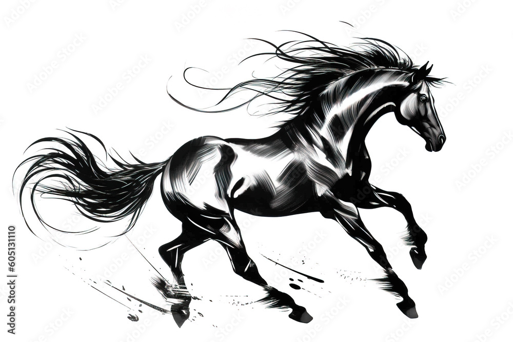 Image of a horse drawing using a brush and black ink on white background. Wildlife Animals. Illustration, generative AI.