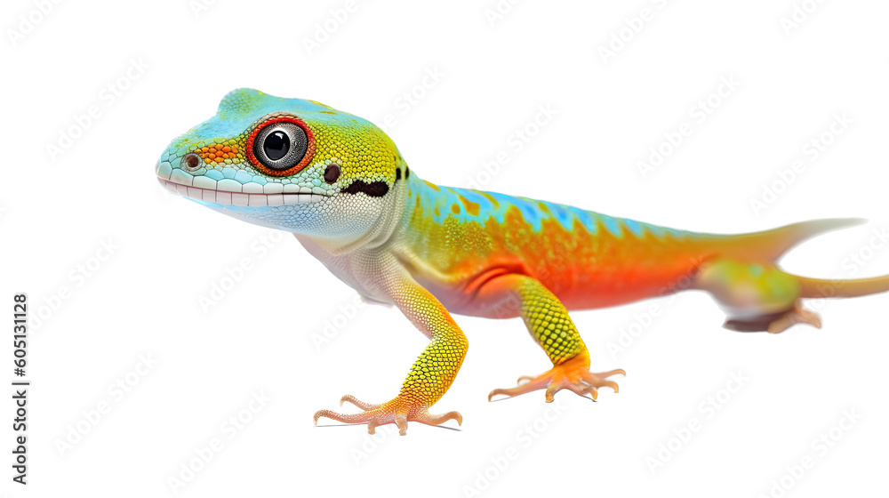 Fototapeta premium a Day Gecko, colorful, insectivores, Pet-themed, photorealistic illustrations in a PNG. Generative AI