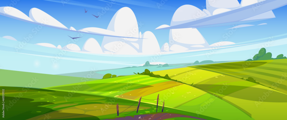 Green summer field on sunny day. Vector cartoon illustration of beautiful countryside nature, rural area, lush grass or agricultural crops growing on farmland, birds flying in blue sky with clouds