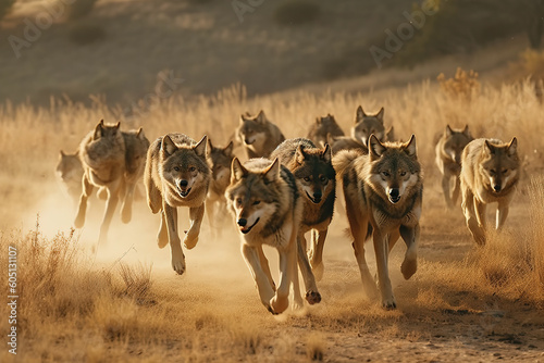 Image of a pack of wolves in a dry forest. Wild Animals. Illustration, Generative AI. © yod67