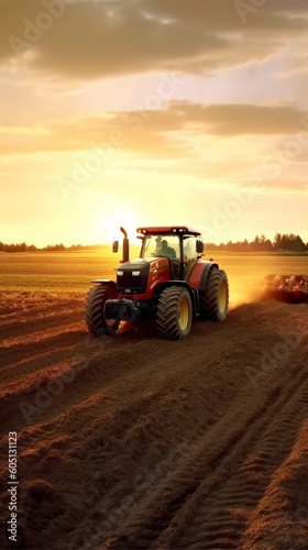 The tractor drives across the field, prepares beds for sowing. Generative AI