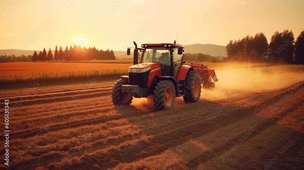 The tractor drives across the field, prepares beds for sowing. Generative AI The tractor drives across the field, prepares beds for sowing. Generative AI