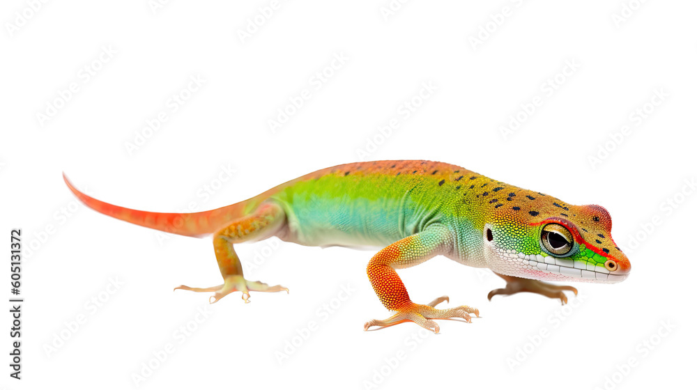 Naklejka premium a Day Gecko, colorful, insectivores, Pet-themed, photorealistic illustrations in a PNG. Generative AI