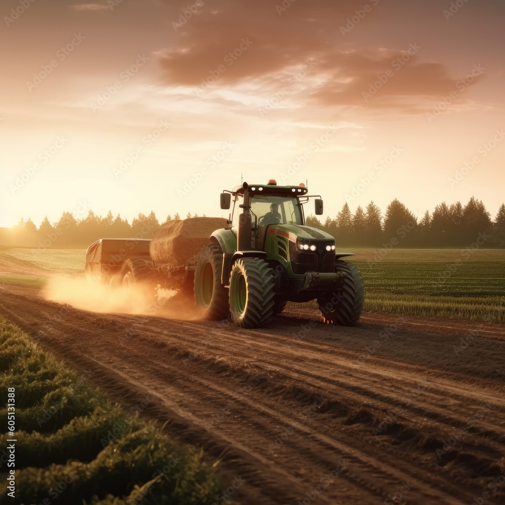 The tractor drives across the field, prepares beds for sowing. Generative AI The tractor drives across the field, prepares beds for sowing. Generative AI