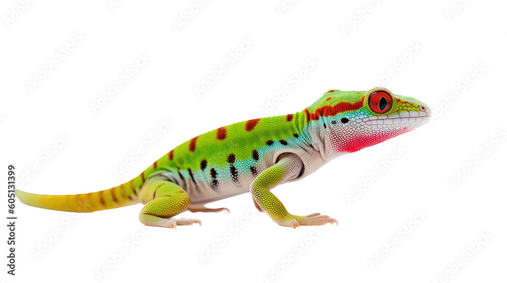 Fototapeta premium a Day Gecko, colorful, insectivores, Pet-themed, photorealistic illustrations in a PNG.