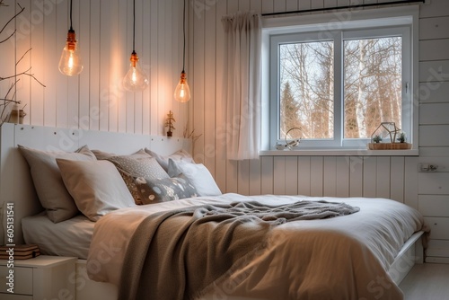 Warm and cozy bedroom interior created with Generative AI technology