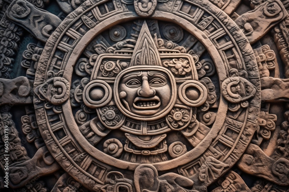 Ancient Aztec Mayan Calendar: Intricate Round Pattern on Stone Surface. AI
