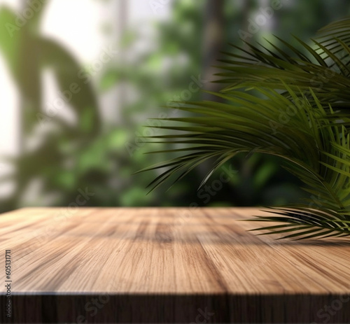 Wooden surface with palm leaves against blurred garden. Generative AI