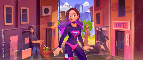 Girl super hero in city street alley came for thief man cartoon background. Neighborhood back alleyway in ghetto and powerful female character in tight purple costume came for justice comics scene