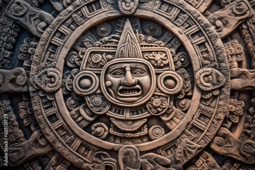 Ancient Aztec Mayan Calendar  Intricate Round Pattern on Stone Surface. AI