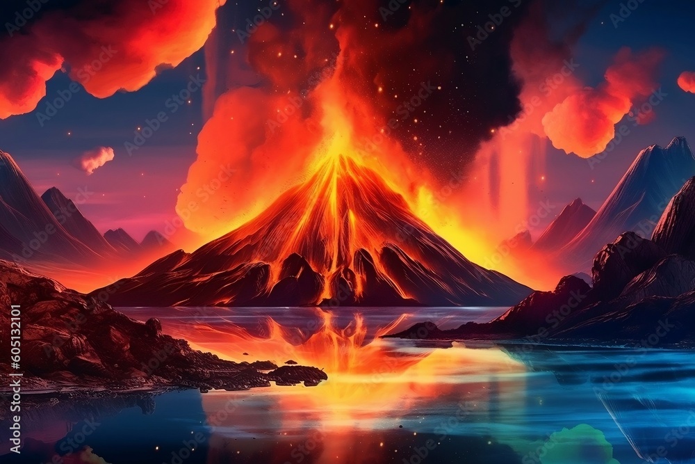 Enchanting Nocturnal Landscape: Mountains, Island, and Volcano. AI