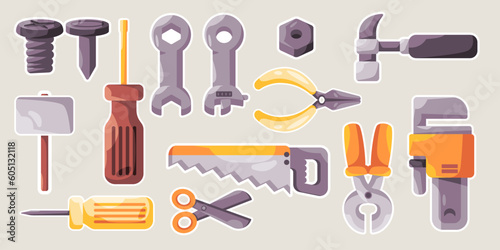 Workshop tools mechanic hardware handy maintenance object set collection drawing illustration sticker doodle cartoon style