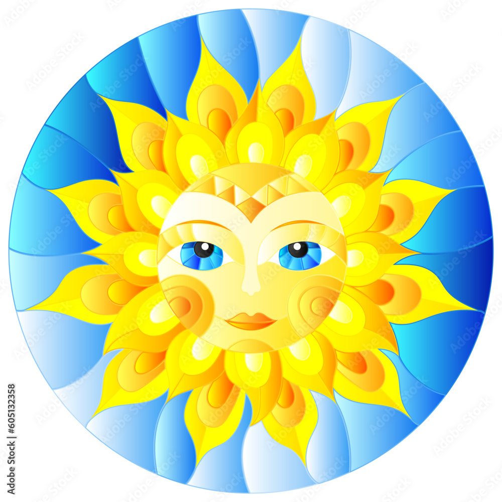 Obraz premium Illustration in the style of a stained glass window with abstract sun ,round image