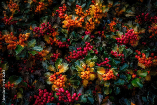 Bright red berries on a bush. Generative AI.