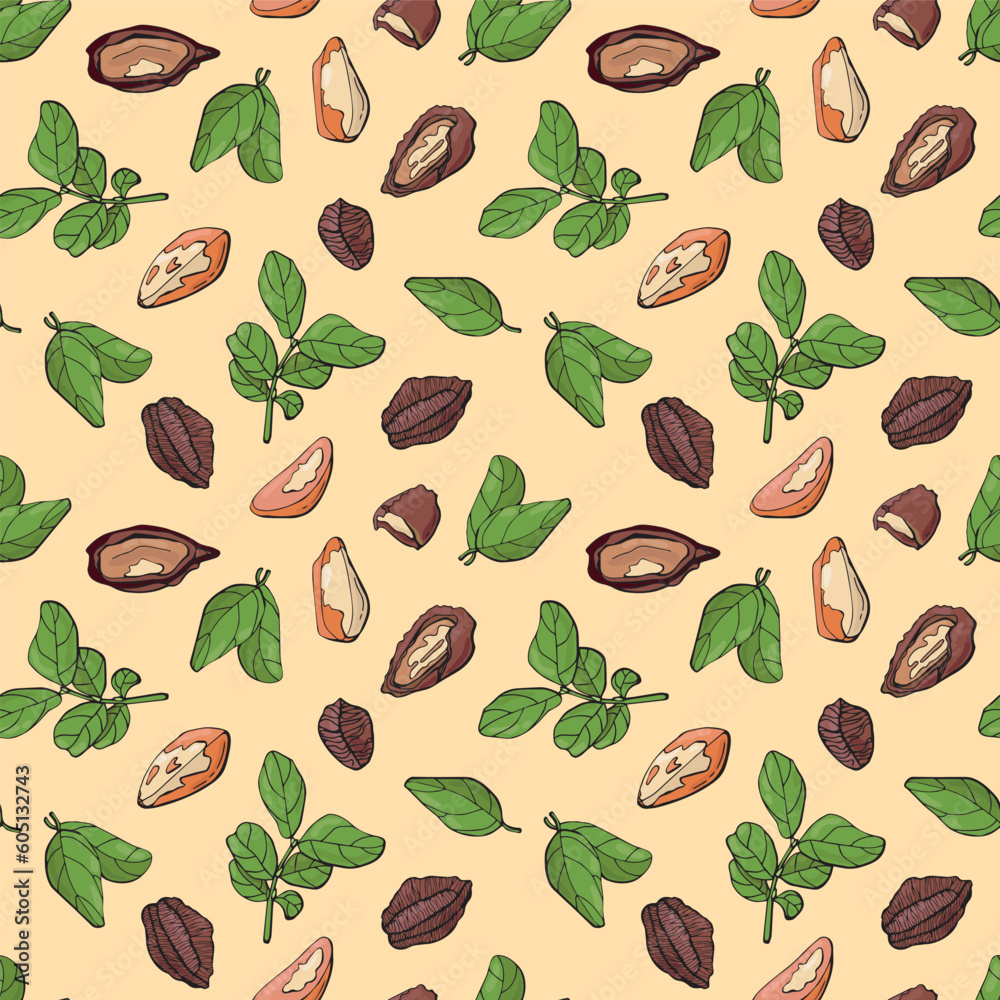 Seamless pattern with brazil nuts. Design for fabric, textile, wallpaper, packaging.