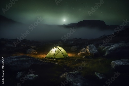 Tent Glow in Misty Rocky Fields. AI