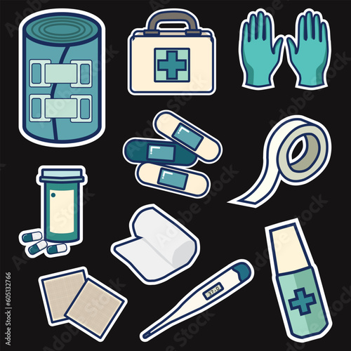 Set of First Aid Kit Medical Cute Sticker Illustration