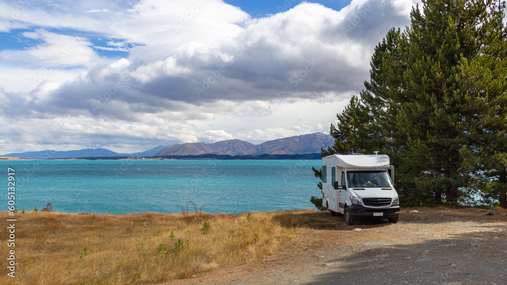 Motor home has stop over at picturesque lake Pukaki site Motor home has stop over at picturesque lake Pukaki site