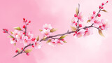 A digital watercolor illustration paper branch with pink background. 