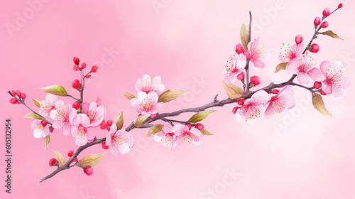 A digital watercolor illustration paper branch with pink background. 