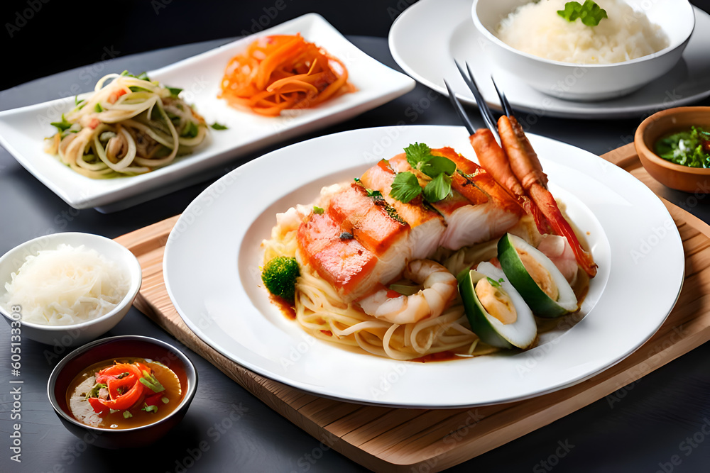 A plate draped in mouthwatering delights—steaming rice, tender fish, and a tapestry of noodles—invites you on a delectable journey through Chinese flavors A plate draped in mouthwatering delights—steaming rice, tender fish, and a tapestry of noodles—invites you on a delectable journey through Chinese flavors