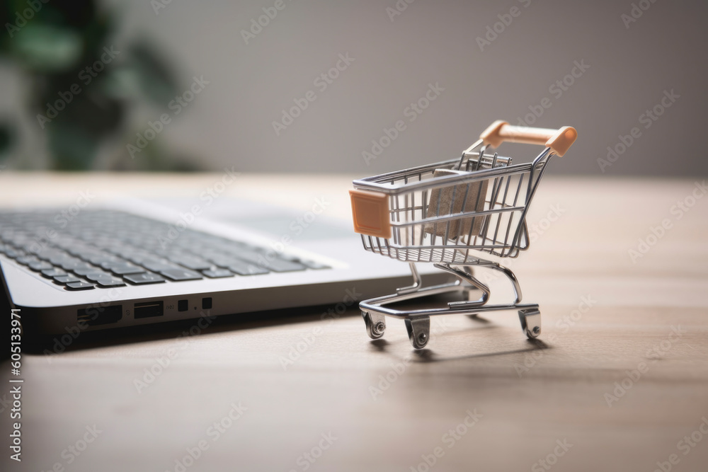 Online shopping concept Small shopping cart and modern laptop on a desk in the close-up with copy space, technology. generative ai 