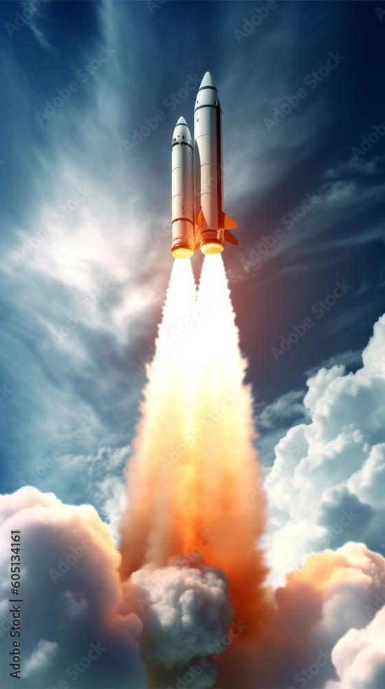 Space rocket in the sky, concept of goal and striving for success. Generative AI