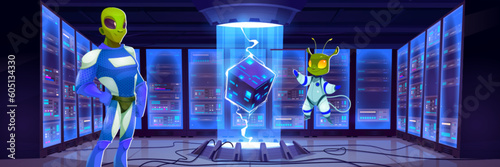 Alien team in spaceship data center room vector. Blockchain cube and cloud storage technology solution illustration. hosting system hardware in warehouse with rack full of computer equipment inside.