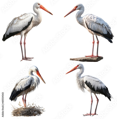 illustrations of storks on a transparent background, Generative AI