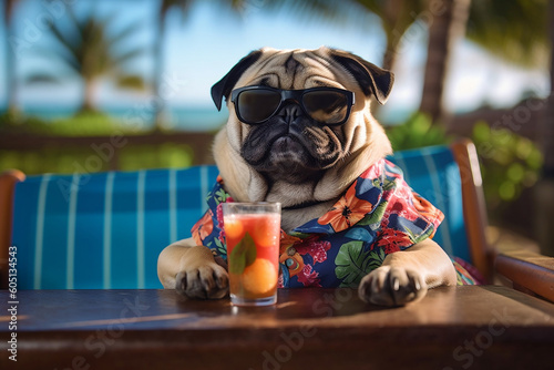 Relaxed pug dog in sunglasses sunbathing at seaside resort and wear a Hawaiian shirt lounging on deck chair with fruity cocktail. Vacation rest in hot country beach concept. Generative AI Technology